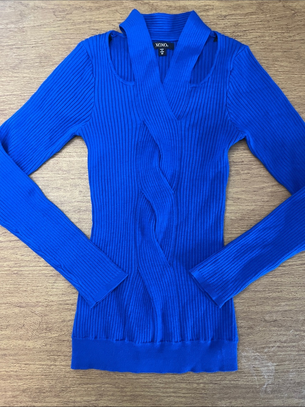 XOXO Cobalt V-Neck Ribbed Long-Sleeve Sweater, Neck Details, Cable Front, Size M